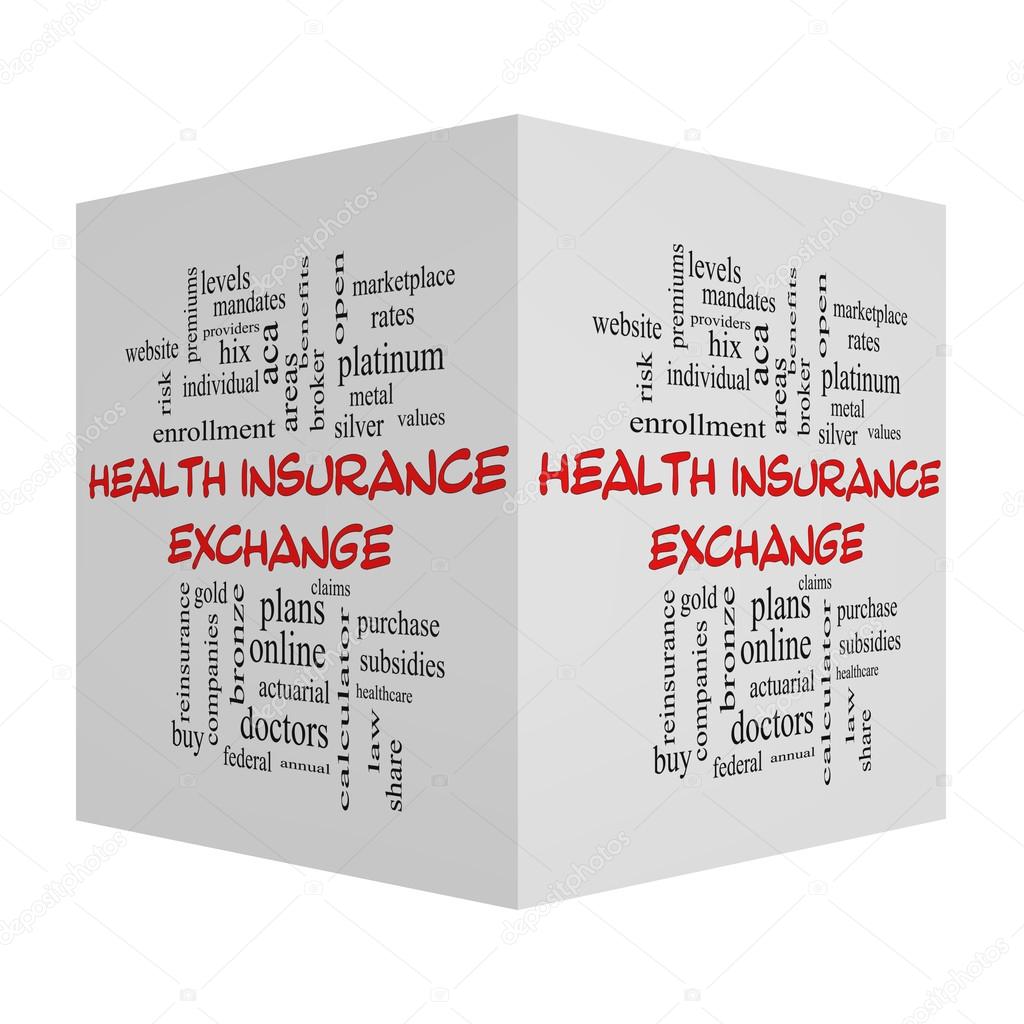 Health Insurance Exchange Cube Word Cloud Concept in red caps