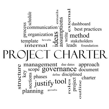 Proje Charter Word Cloud kavramı siyah beyaz