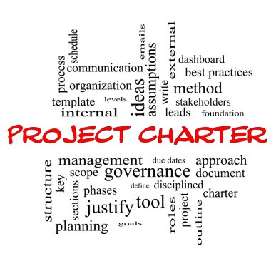 Proje Charter Word Cloud kavramı kırmızı kapaklar