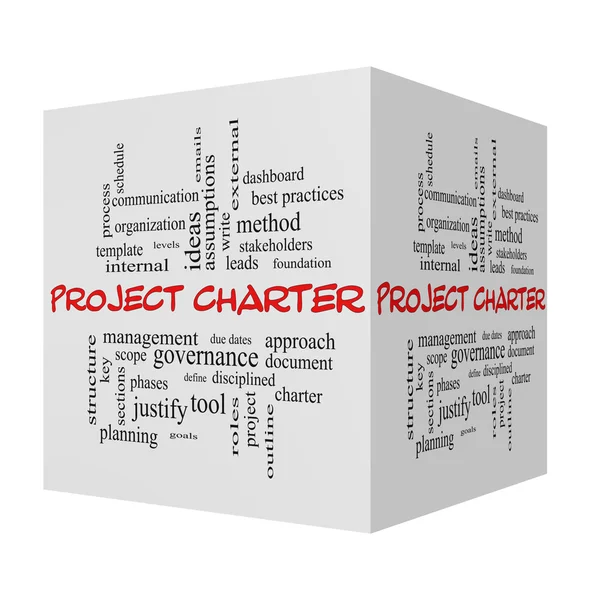 Project Charter 3D cube Word в красных шапках — стоковое фото
