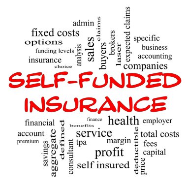 Self Funded Insurance Word Cloud in red caps clipart