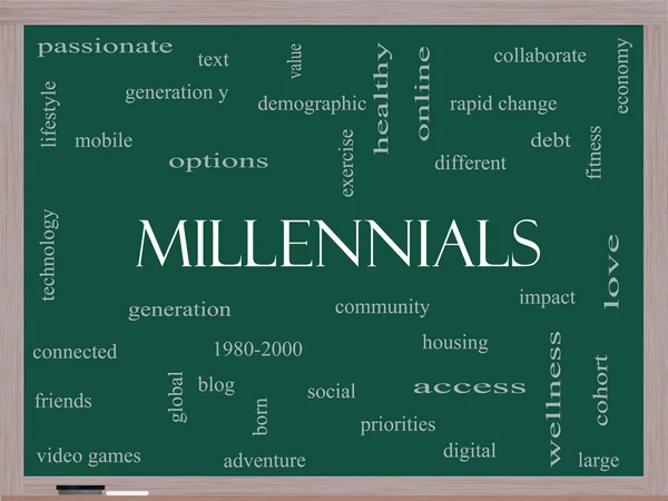 Millennials Word Cloud Concept sur un tableau noir — Photo
