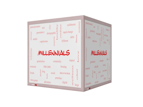 Millennials Word Cloud Concept on a 3D Whiteboard — Stock fotografie