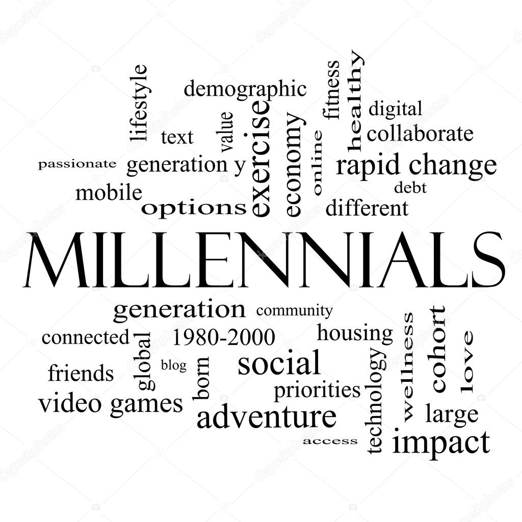 Millennials Word Cloud Concept in black and white
