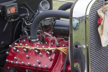 Vintage Gray and Red Ford Hot Rod Engine