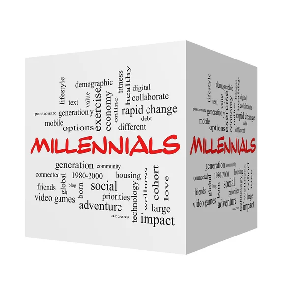 Conceito de nuvem do Word Millennials 3D em tampas vermelhas — Fotografia de Stock