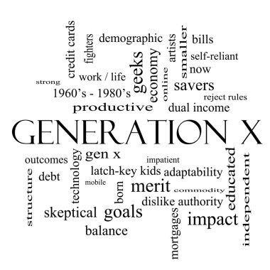 Generation X Word Cloud Concept in black and white