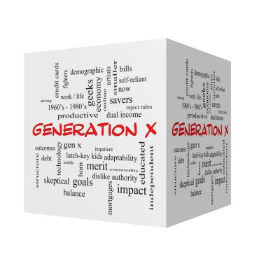 Generation X 3D cube Word Cloud Concept in red caps clipart