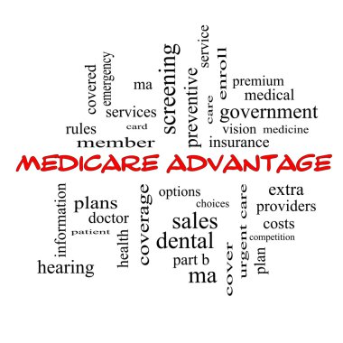 Medicare Advantage Word Cloud kavramı kırmızı kapaklar