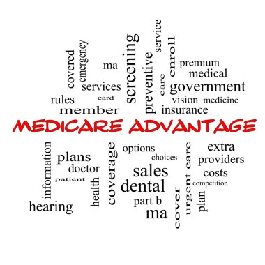 Medicare Advantage Word Cloud Concept in red caps clipart