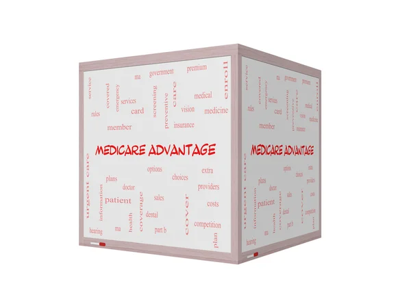Medicare Advantage Word Cloud Concept pe o tablă albă 3D — Fotografie, imagine de stoc