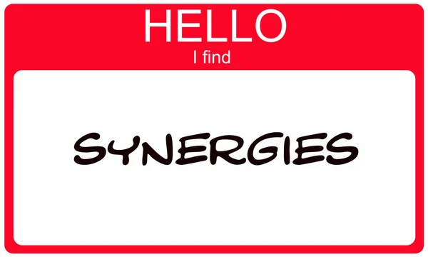 Hallo vind ik synergieën rode naamtag — Stockfoto