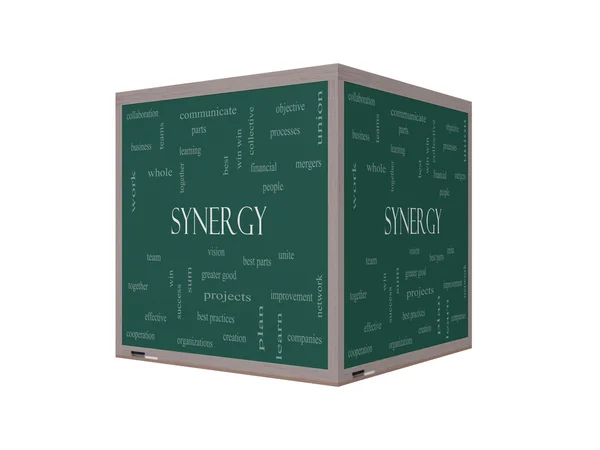 Synergie Word Cloud Concept op een 3D-schoolbord — Stockfoto