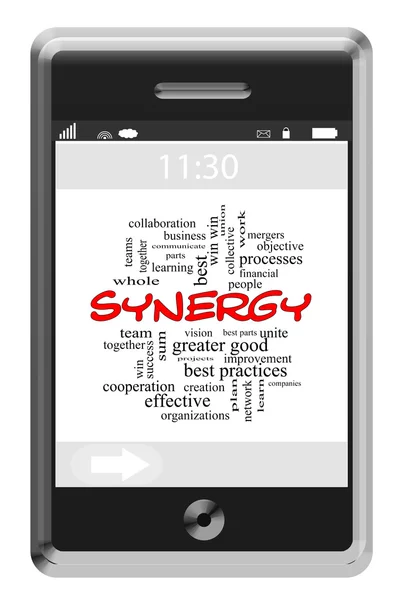 Synergie-Word-Cloud-Konzept auf einem Touchscreen-Handy — Stockfoto