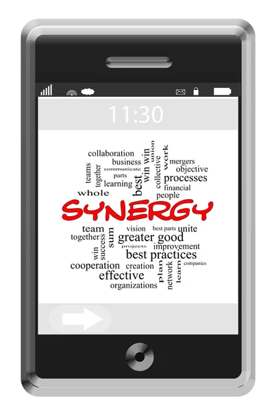 Synergy Word Cloud Concept on a Touchscreen Phone — Stock Photo, Image