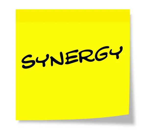 Synergy written on a yellow sticky note — Stock Photo, Image