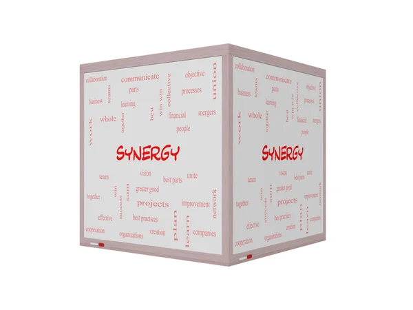 Synergy Word Cloud Concept en una pizarra 3D — Foto de Stock