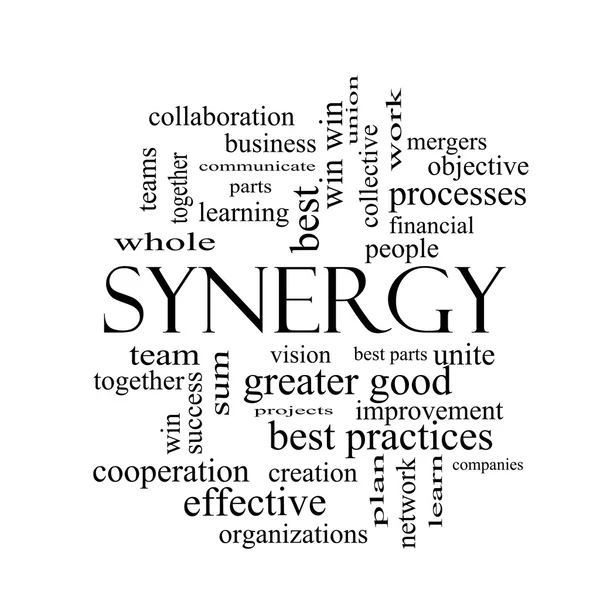 Synergie Word Cloud Concept in zwart-wit — Stockfoto