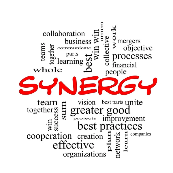 Synergy Word Cloud Concepto en tapas rojas — Foto de Stock