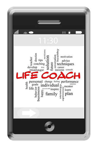 Life Coach Word Cloud Concept on a Touchscreen Phone — Stok fotoğraf