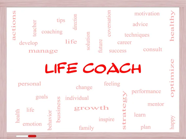 Life Coach Word Cloud Concept on a Whiteboard — Stok fotoğraf