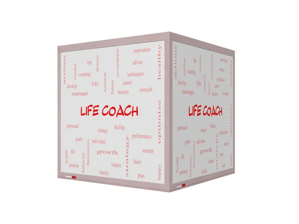 Life coach word cloud-Konzept auf einem 3D-Whiteboard — Stockfoto