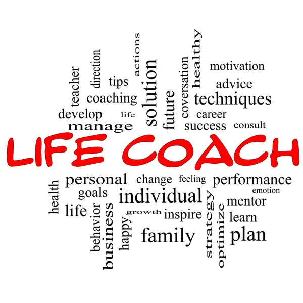 Life Coach Word Cloud Concepto en tapas rojas — Foto de Stock