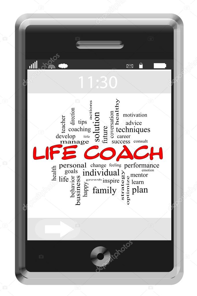 Life Coach Word Cloud Concept on a Touchscreen Phone