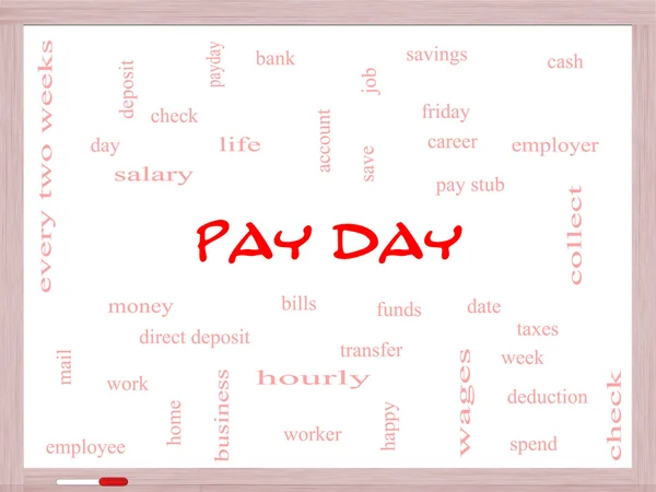 Pay-Day-Word-Cloud-Konzept auf einem Whiteboard — Stockfoto