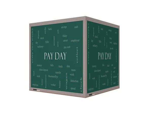 Pay Day Word Cloud Concept em um quadro negro 3D — Fotografia de Stock