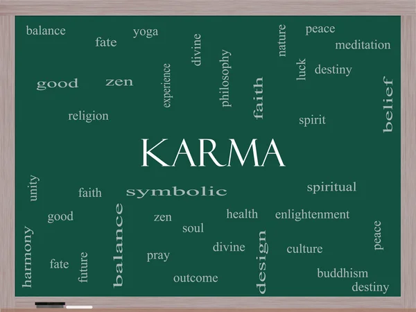 "Karma" Word Cloud kavramı bir kara tahta üzerinde — Stok fotoğraf