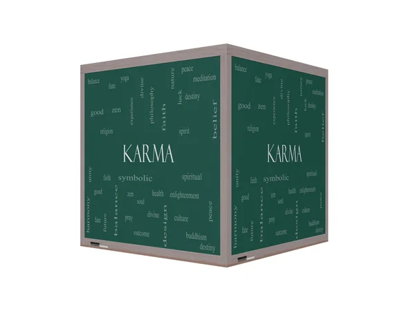 Karma Word Cloud Concept op een 3D-kubus Blackboard — Stockfoto