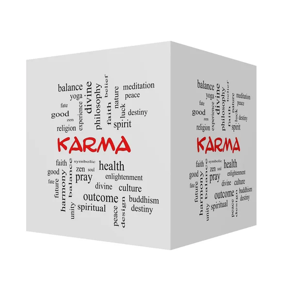 Karma 3d cubo palabra nube concepto en tapas rojas —  Fotos de Stock
