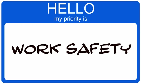 Merhaba benim öncelikli iş güvenliği mavi etiket olduğunu — Stok fotoğraf
