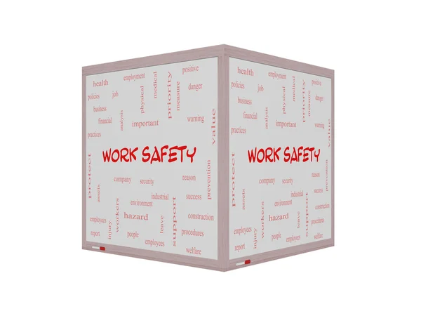 Conceito de nuvem de palavras de segurança de trabalho em um quadro branco 3D — Fotografia de Stock