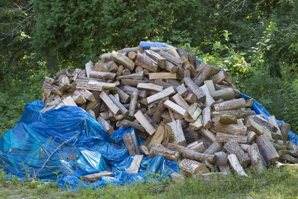 Énorme pile de billes de bois franc fendues avec bâche — Photo