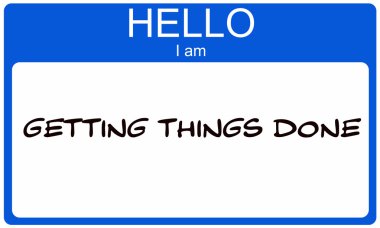 Hello I am Getting Things Done blue name tag