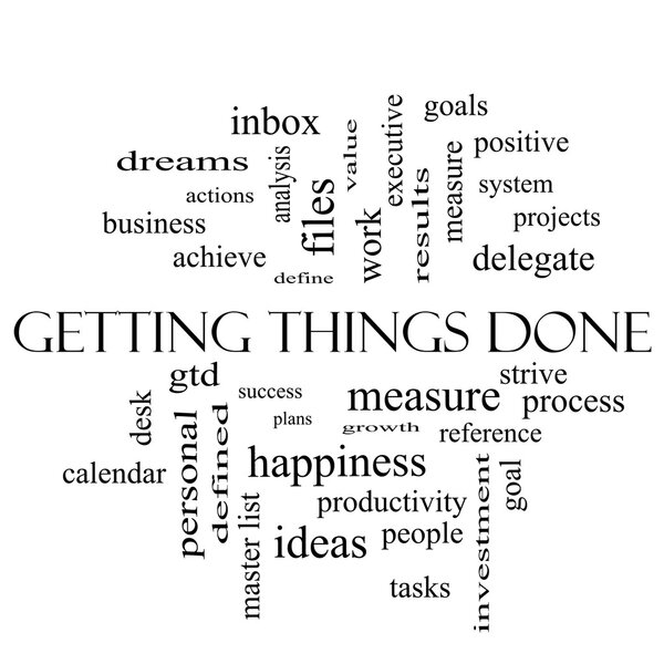 Получение вещей сделано облако слова концепции в черно-белом
