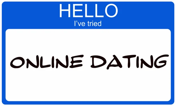 こんにちは、私はオンライン デートを試してみました青い名札 — ストック写真