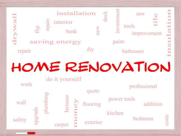 Home Renovation Word Cloud Concept on a Whiteboard — Stock Photo, Image