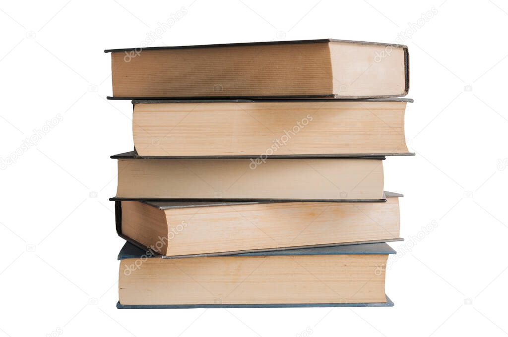 Pile with 5 old books isolated on white background