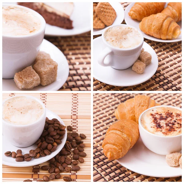 Tasse Kaffee Croissant und geröstete Bohnen. — Stockfoto