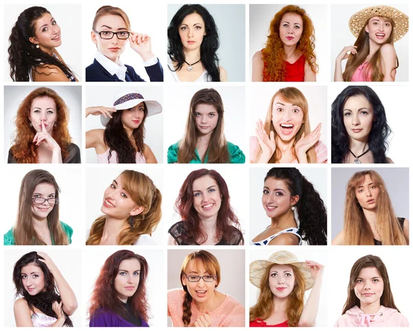Collage av olika blandad ålder människor kvinna uttrycka olika känslor — Stockfoto