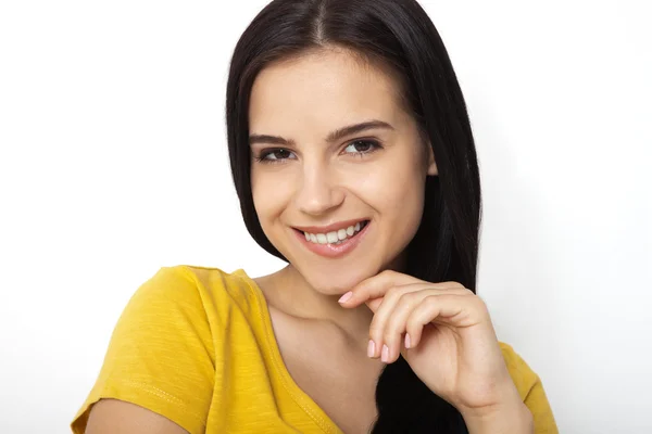 Close up candid portrait of woman laughing against white background — Stock Photo, Image