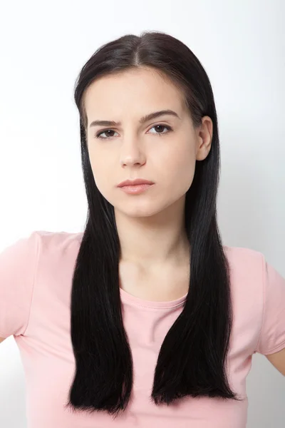 Beautiful woman face close up portrait young studio on white — Stock Photo, Image