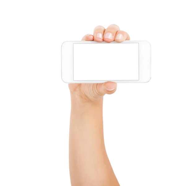 Female hand showing smartphone of white screen, front view, isolated. — Stock Photo, Image