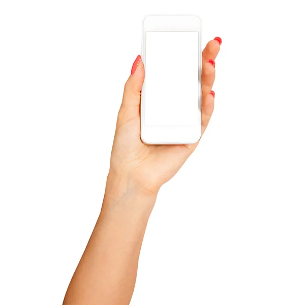 Женская рука показывает смартфон с белым экраном, вид спереди, изолированный . — стоковое фото