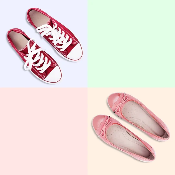 Red gumshoes with white shoelaces and pink shoes on colorful background. — Stock Photo, Image