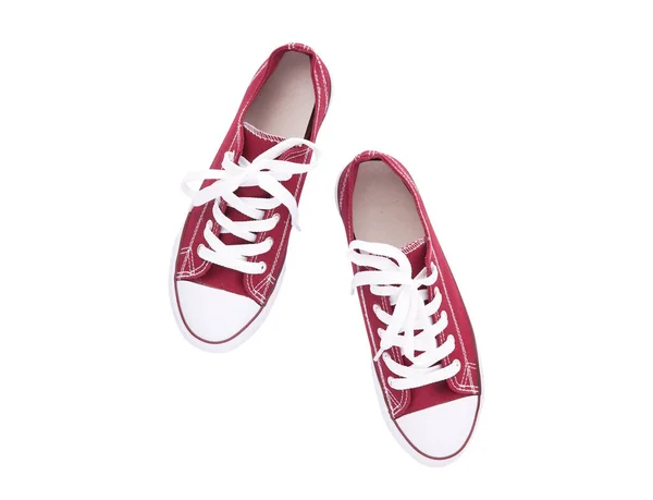Kırmızı spor ayakkabı üst görünümü beyaz üzerine izole — Stok fotoğraf