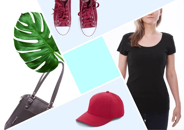 Модная одежда футболка, шляпа, сумка и красные кроссовки вид сверху изолирован на сером. Летний наряд — стоковое фото